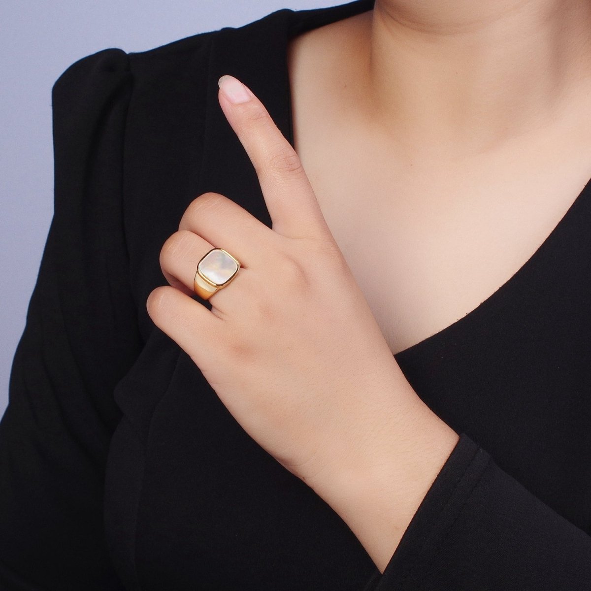 24K Gold Filled Square Shell Signet Adjustable Gold Ring | X-571 - DLUXCA