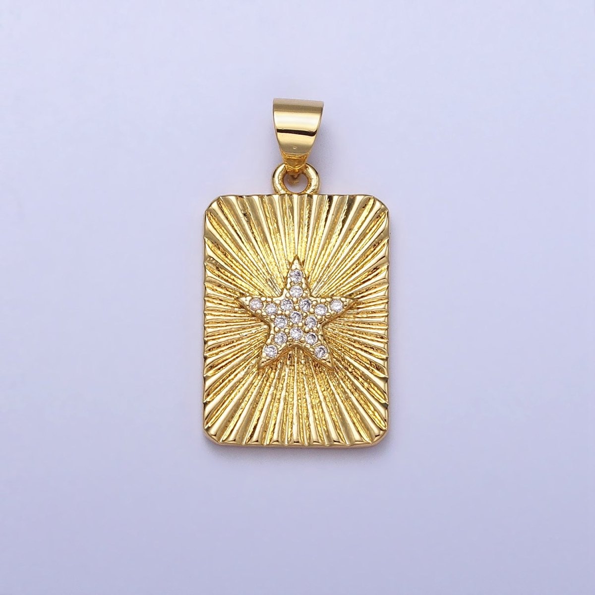 24K Gold Filled Star Celestial Clear CZ Micro Paved Sunburst Textured Tag Pendant | AA172 - DLUXCA