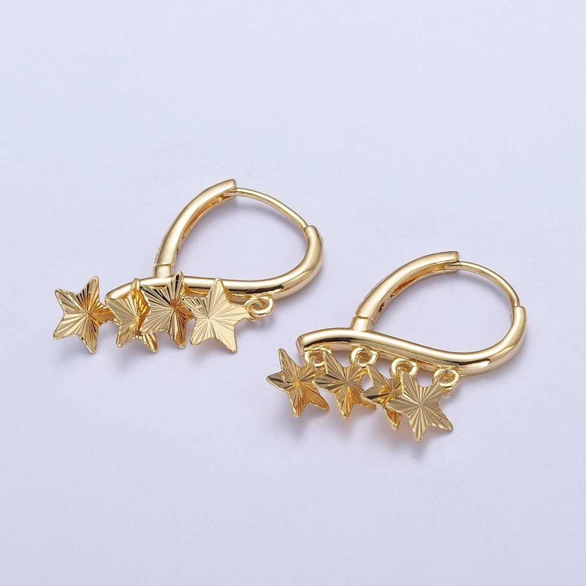 24K Gold Filled Starburst Celestial Star Charm Dangle on Teardrop Huggie Hoop Earrings T-181 - DLUXCA