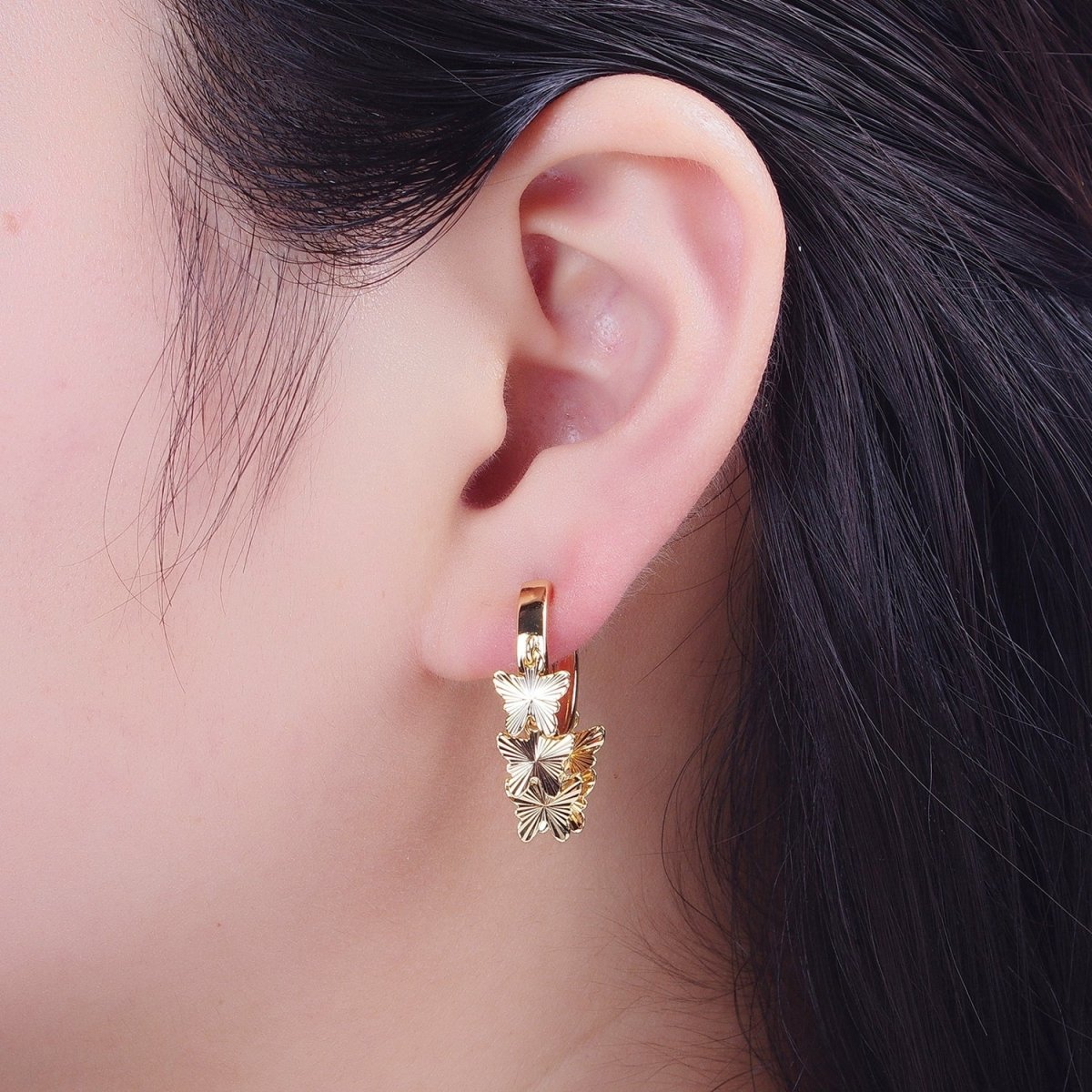 24K Gold Filled Starburst Mariposa Butterfly Dangle Minimalist Huggie Hoop Earrings | T-176 - DLUXCA