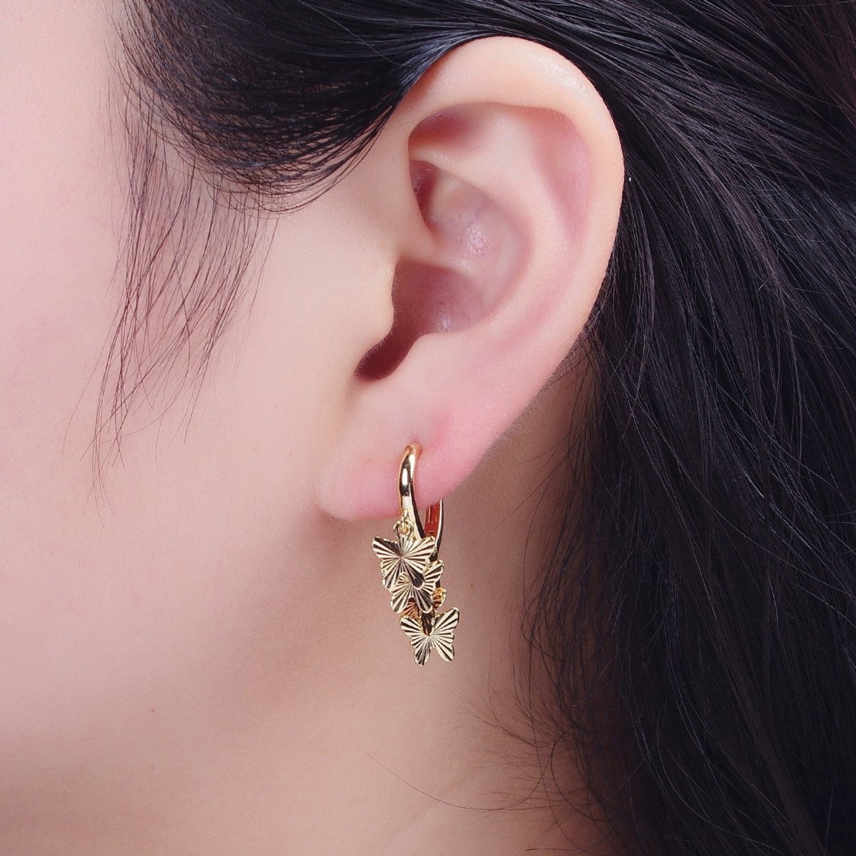 24K Gold Filled Starburst Mariposa Butterfly Dangle on Teardrop Huggie Hoop Earrings T-183 - DLUXCA