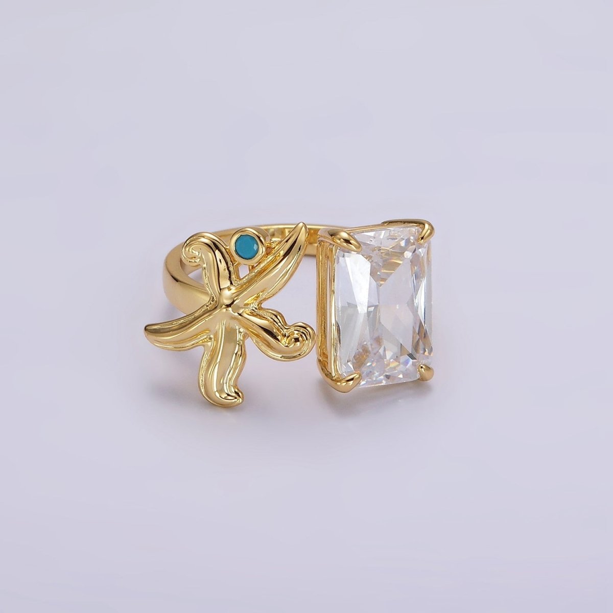 24K Gold Filled Starfish Turquoise Clear Baguette CZ Open Claw Ring | O1238 - DLUXCA