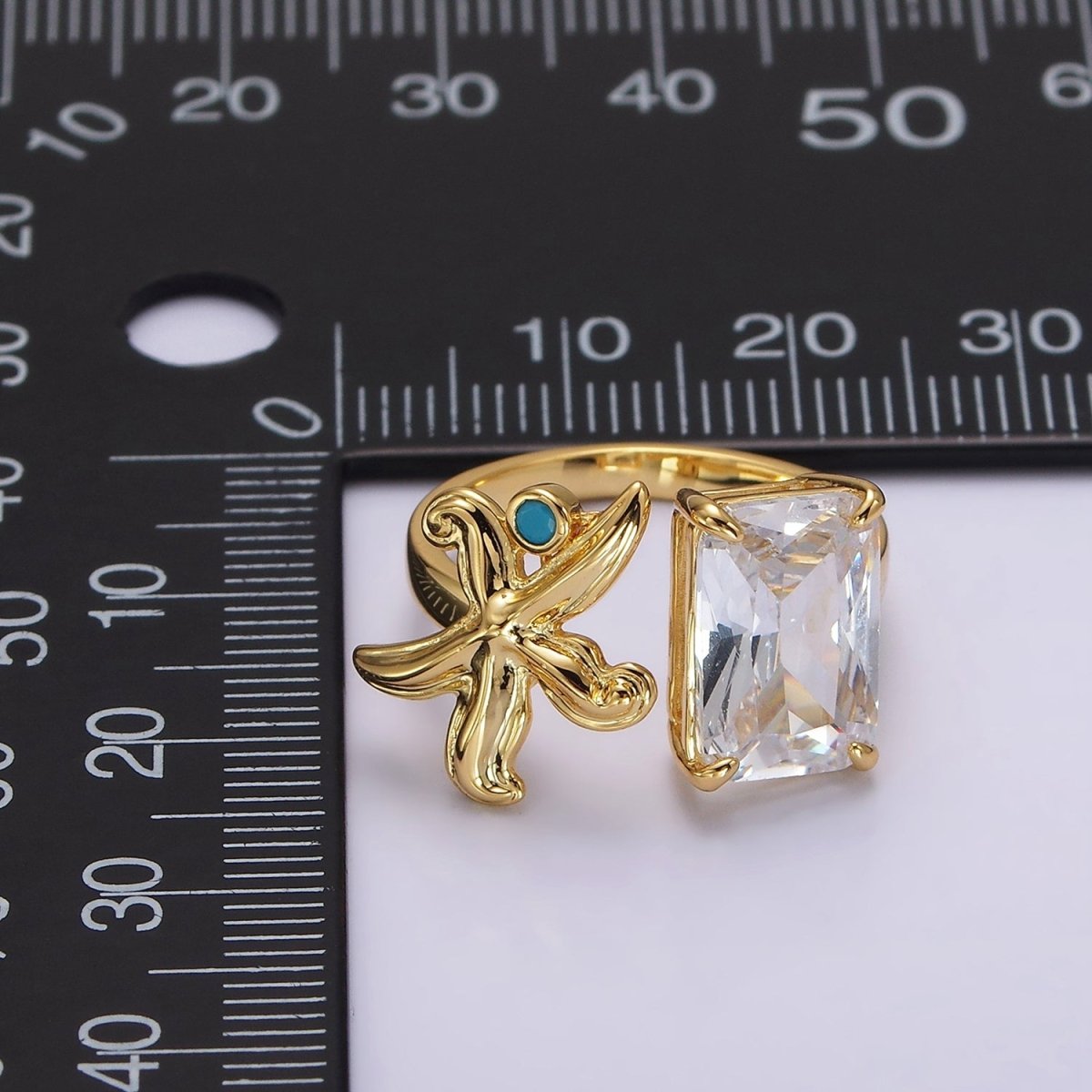24K Gold Filled Starfish Turquoise Clear Baguette CZ Open Claw Ring | O1238 - DLUXCA