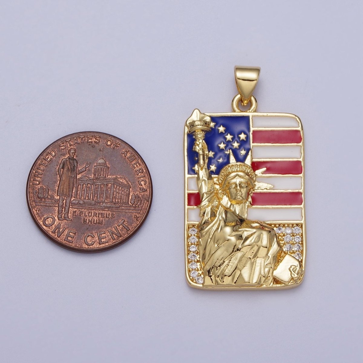 24K Gold Filled Statue of Liberty American Flag Enamel Micro Paved Tag Pendant I-281 - DLUXCA