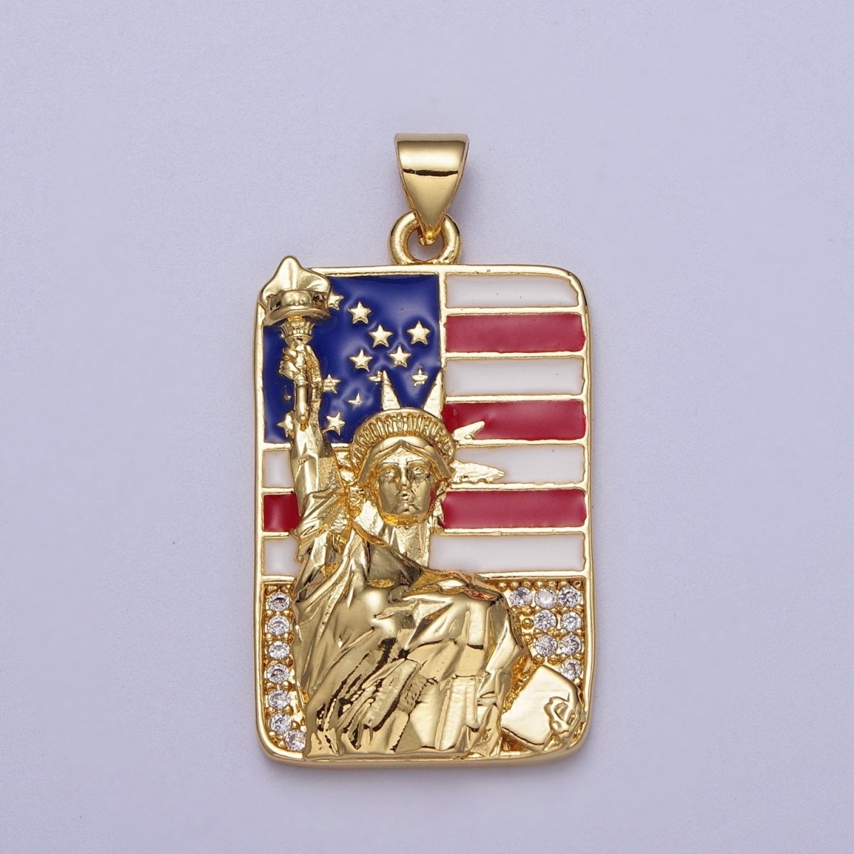 24K Gold Filled Statue of Liberty American Flag Enamel Micro Paved Tag Pendant I-281 - DLUXCA