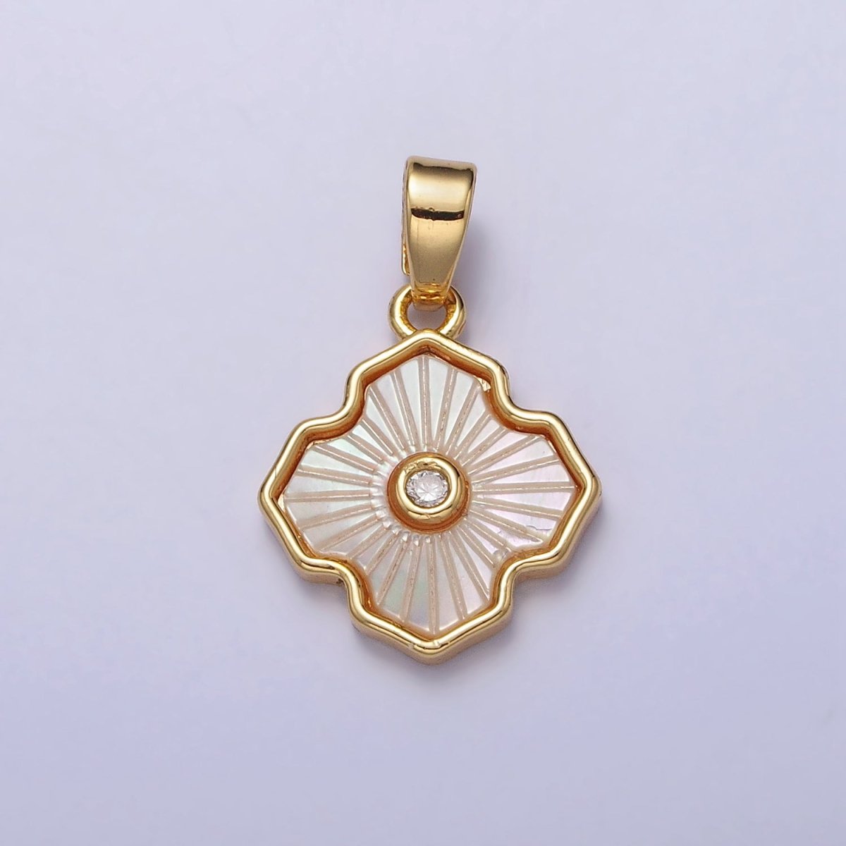 24K Gold Filled Stripped Shell Pearl Flower Clover CZ Geometric Pendant | AA105 - DLUXCA