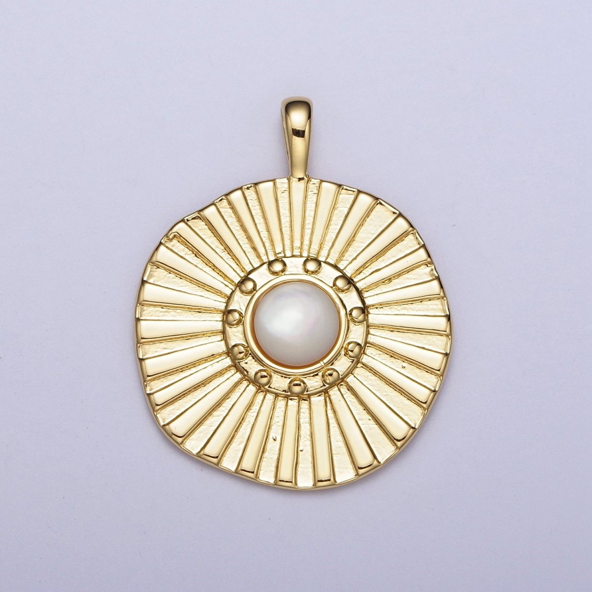 24K Gold Filled Sun Beam White Pearl Round Textured Pendant H-327 - DLUXCA