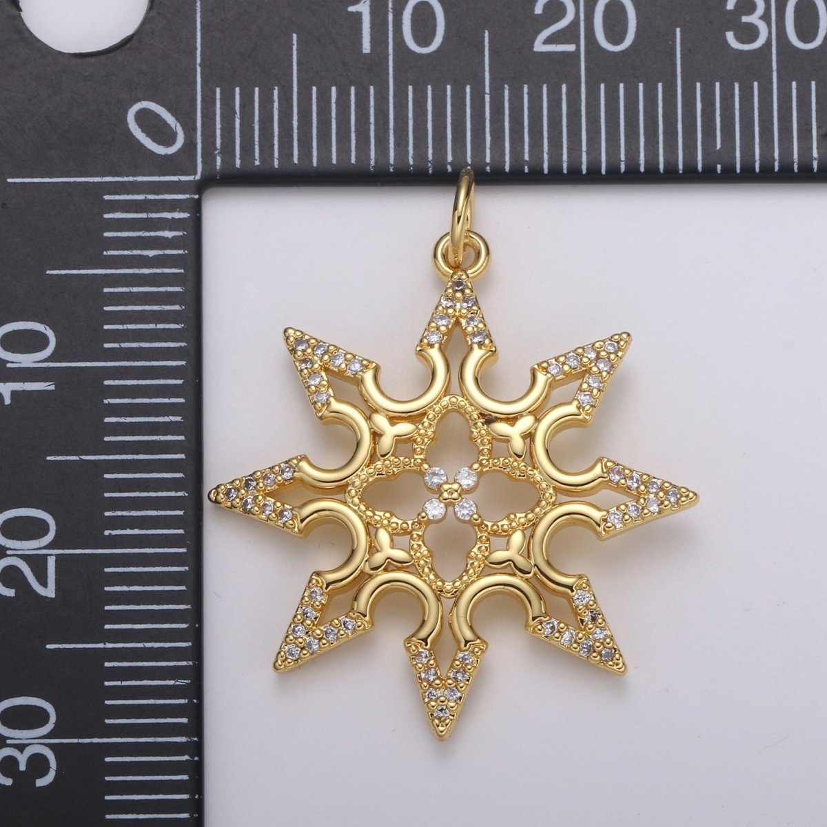 24K Gold Filled Sun CZ Pendant, Micro Pave Cubic Zirconia Star Sun Burst Charm, Celestial Charm 31x25mm E-211 - DLUXCA