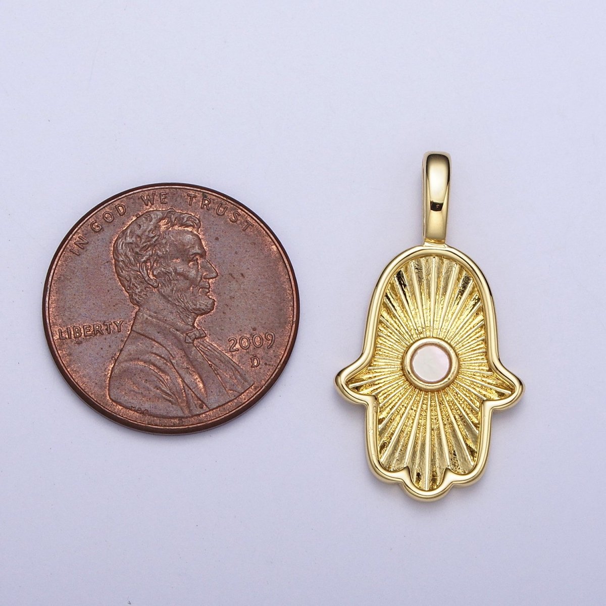 24K Gold Filled Sunburst Hamsa Hand w. Round Shell Pearl Pendant H-350 - DLUXCA