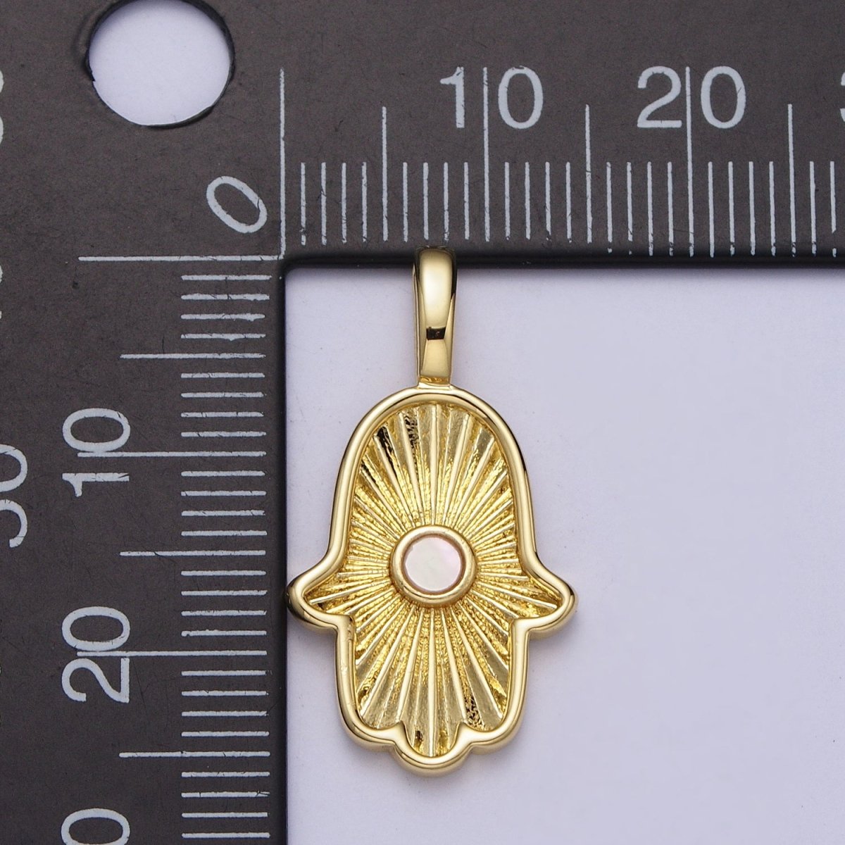 24K Gold Filled Sunburst Hamsa Hand w. Round Shell Pearl Pendant H-350 - DLUXCA