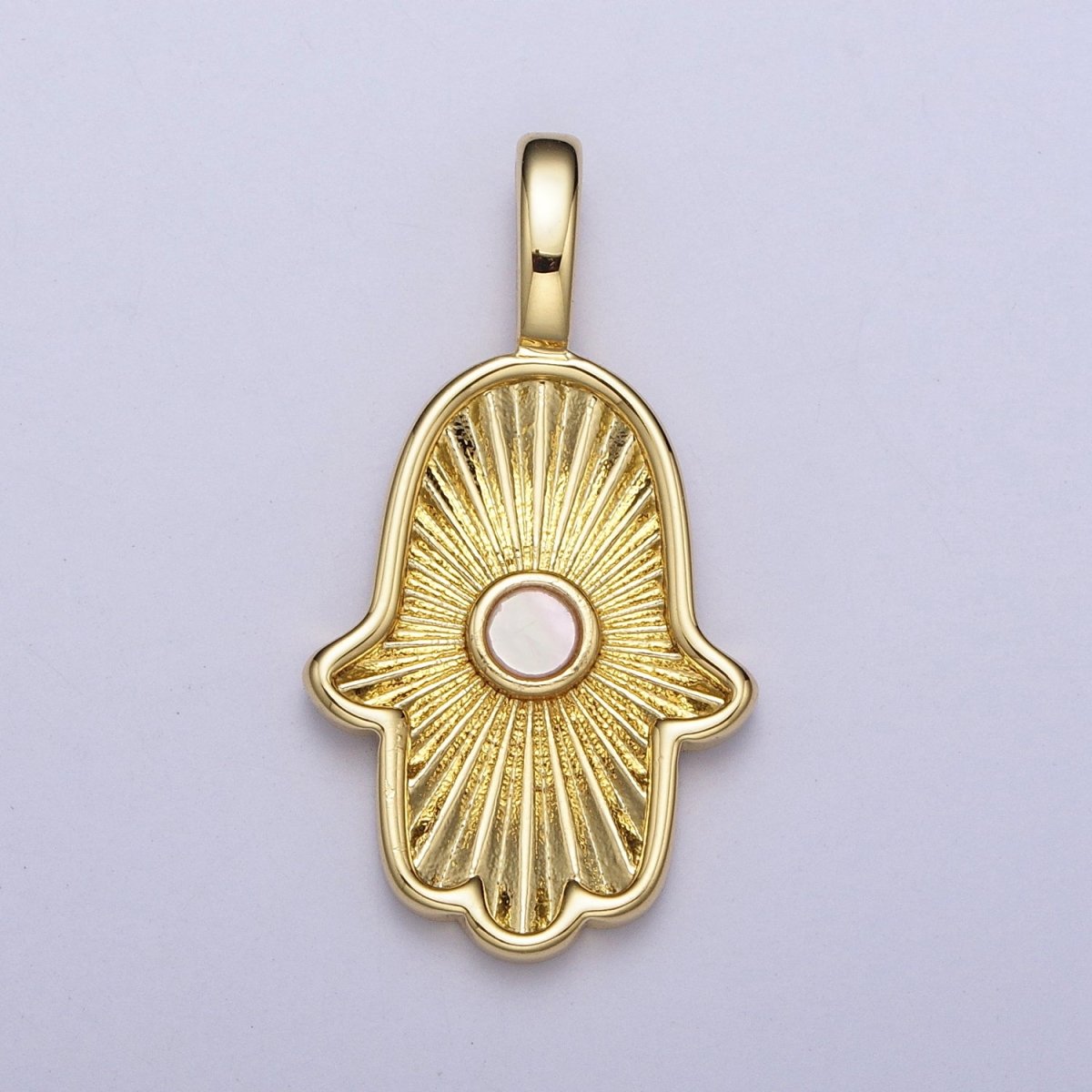 24K Gold Filled Sunburst Hamsa Hand w. Round Shell Pearl Pendant H-350 - DLUXCA