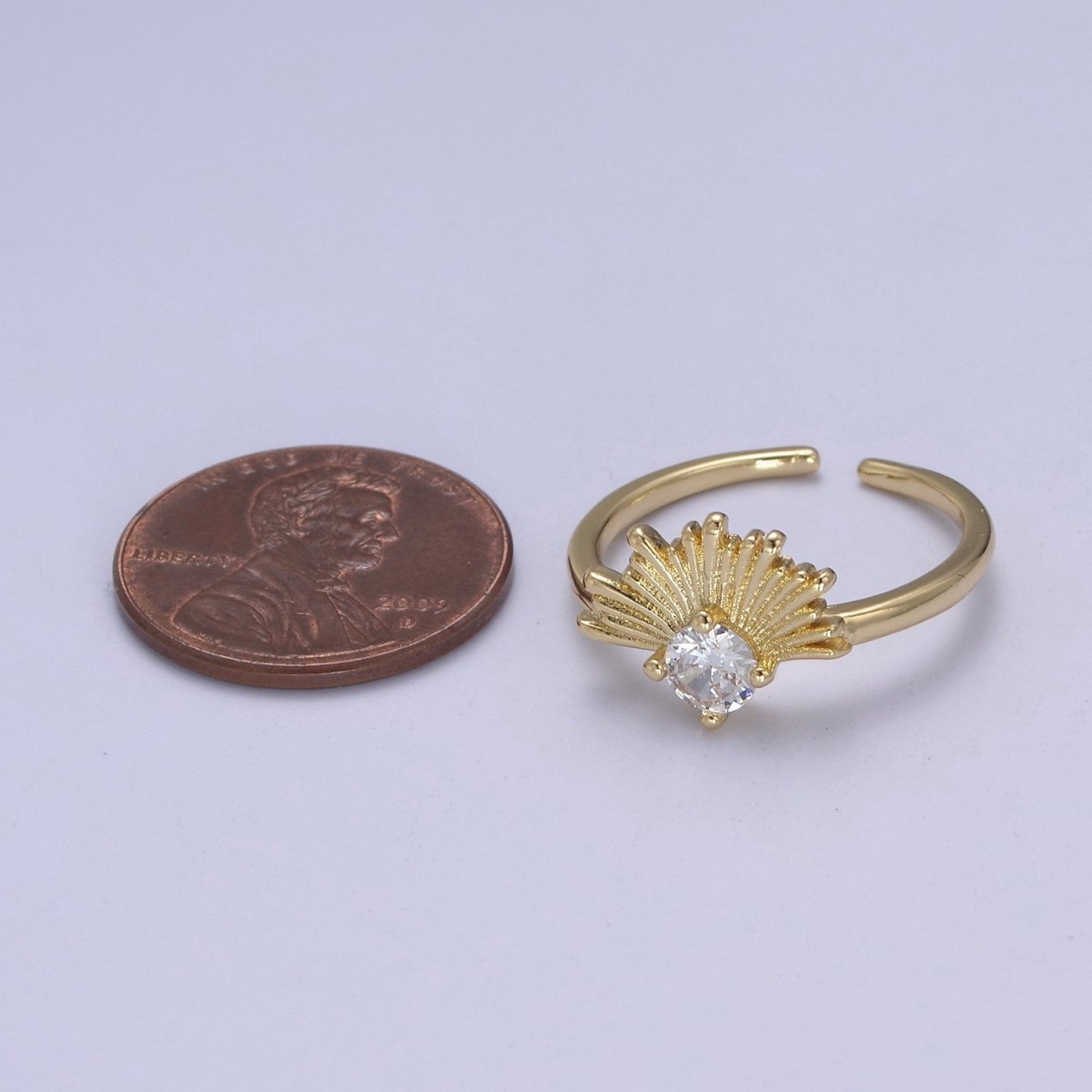 24K Gold Filled Sunburst Sun Crystal Zirconia CZ 24K Gold Promise Ring, Open Adjustable Ring | U-385 - DLUXCA