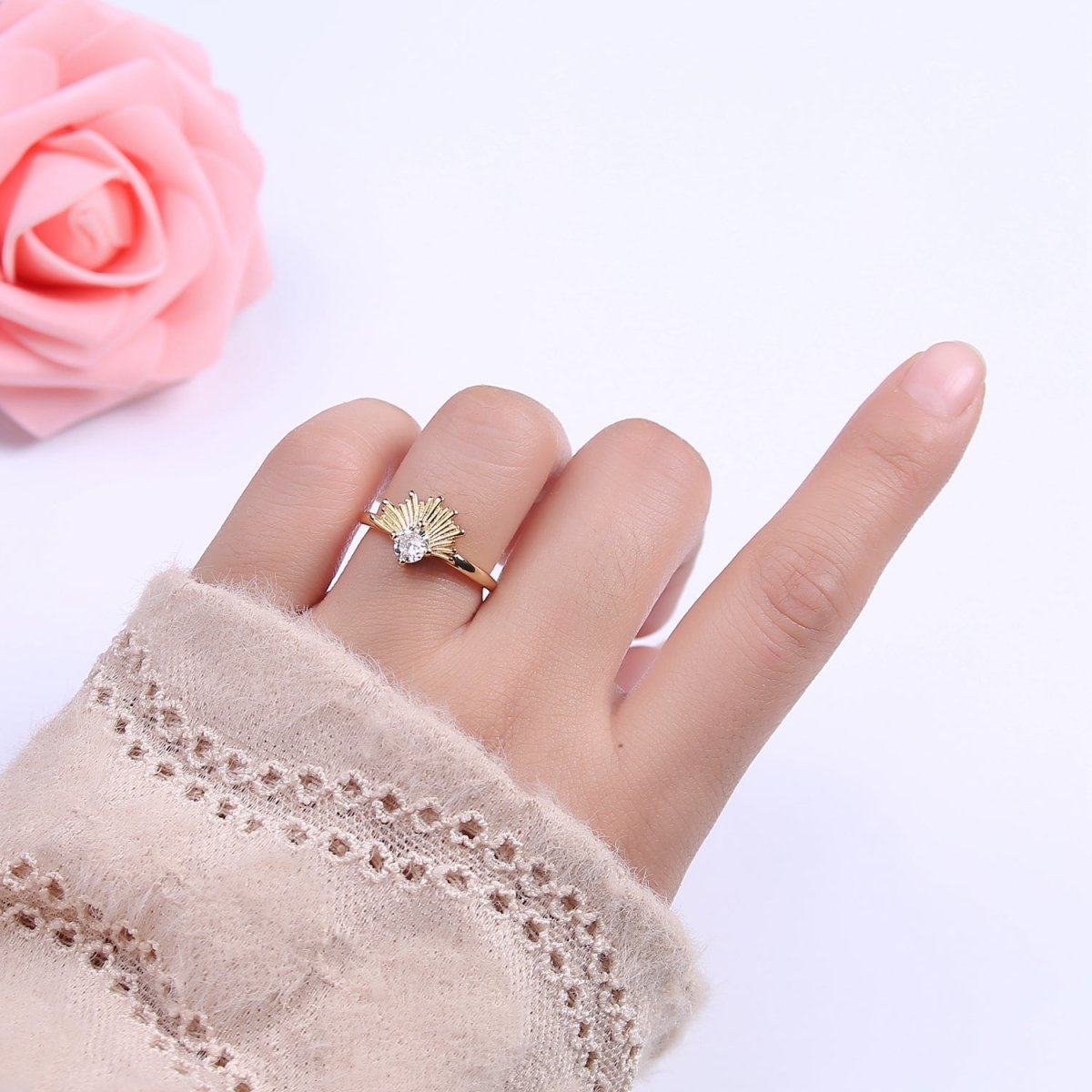 24K Gold Filled Sunburst Sun Crystal Zirconia CZ 24K Gold Promise Ring, Open Adjustable Ring | U-385 - DLUXCA