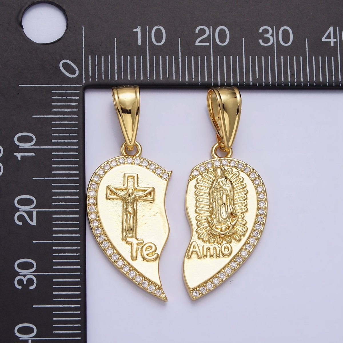 24K Gold Filled "Te Amo" Crucifix Cross, Virgin Mary Religious Breakable Heart Pendant | AA227 AA228 - DLUXCA
