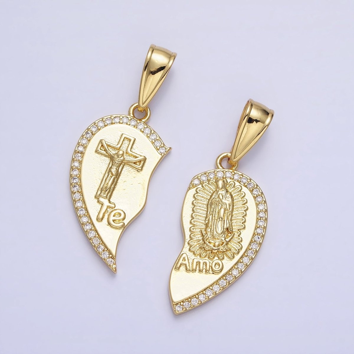 24K Gold Filled "Te Amo" Crucifix Cross, Virgin Mary Religious Breakable Heart Pendant | AA227 AA228 - DLUXCA