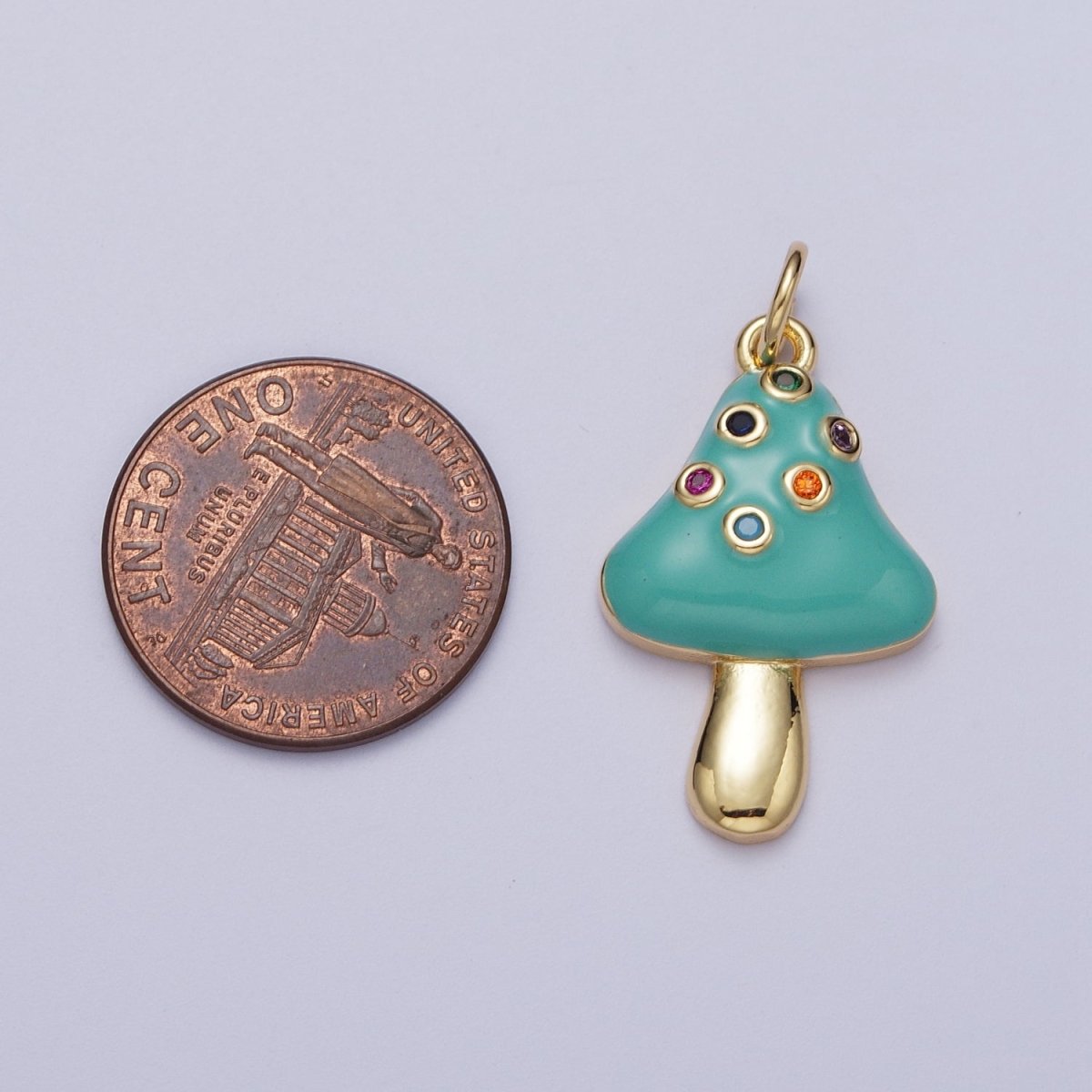 24K Gold Filled Teal Mushroom Multicolor Round Cubic Zirconia Charm | C-222 - DLUXCA