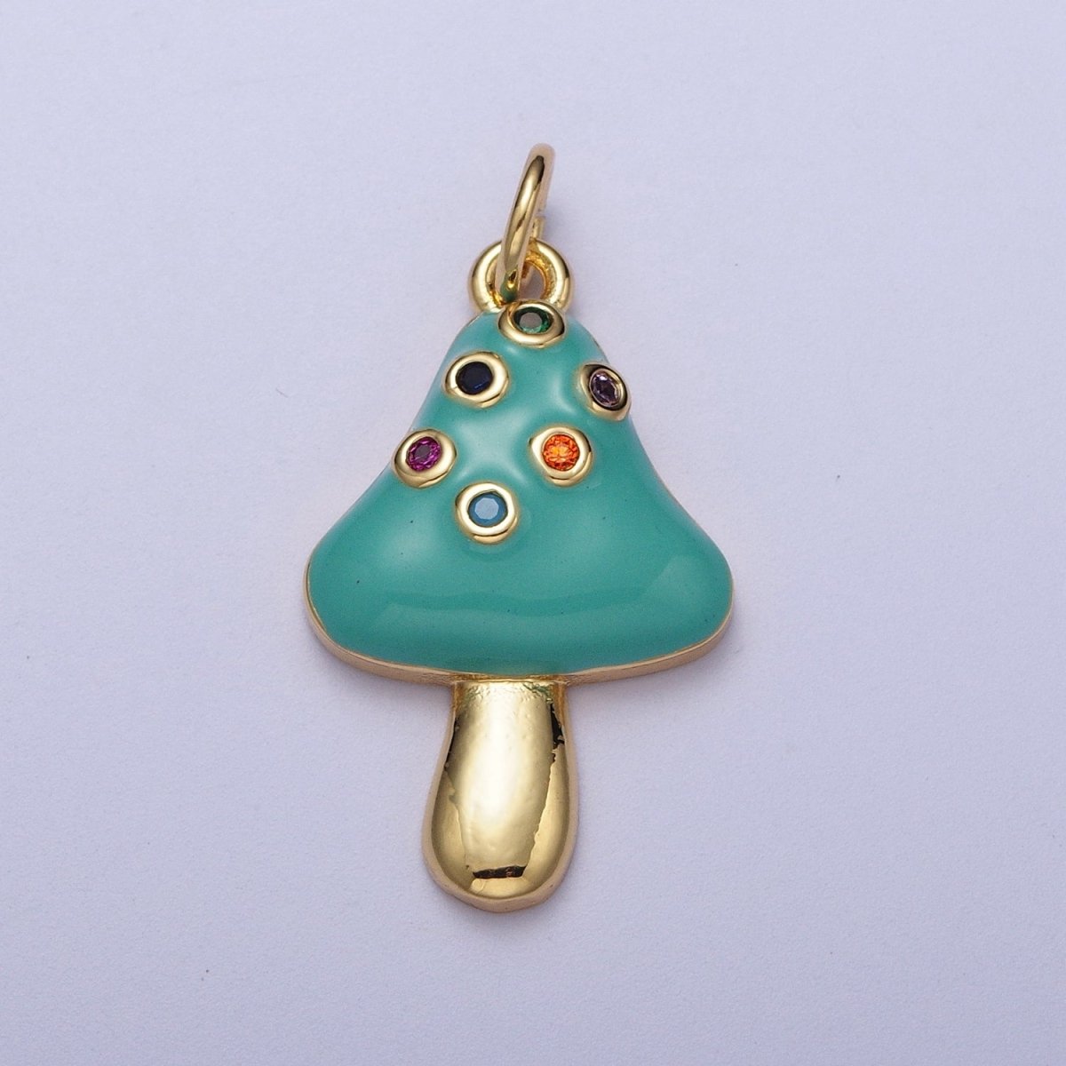 24K Gold Filled Teal Mushroom Multicolor Round Cubic Zirconia Charm | C-222 - DLUXCA
