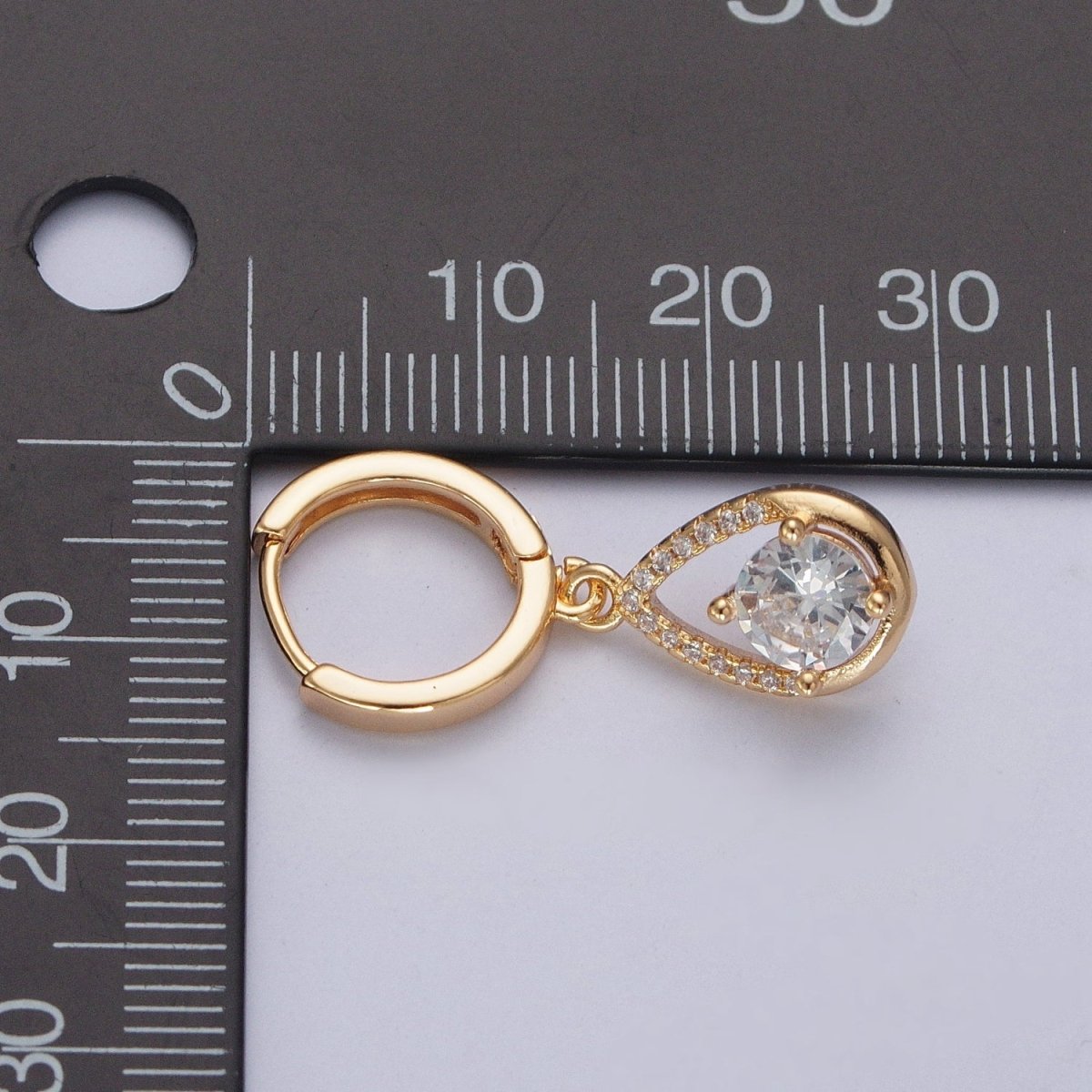 24K Gold Filled Teardrop Clear Cubic Zirconia Charm Dangle, Micro Pave Round CZ Dangle Huggie Hoops Earrings P-428 - DLUXCA