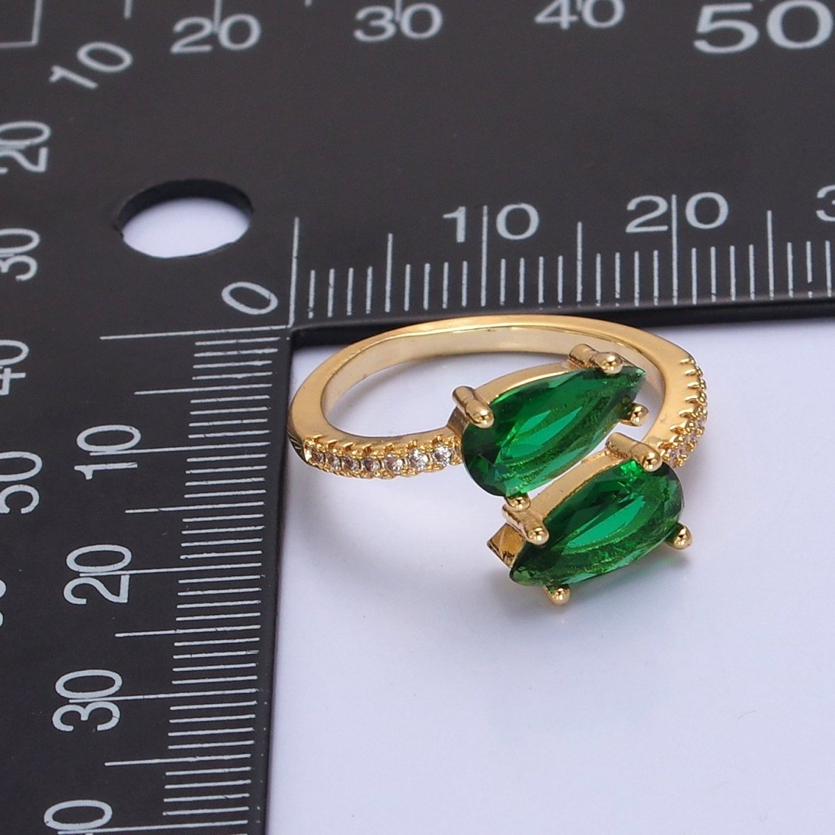 24K Gold Filled Teardrop CZ Ring, Green / Fuchsia Cubic Zirconia Open Ring with Clear Micro Pave Band O-2290 O-2291 - DLUXCA