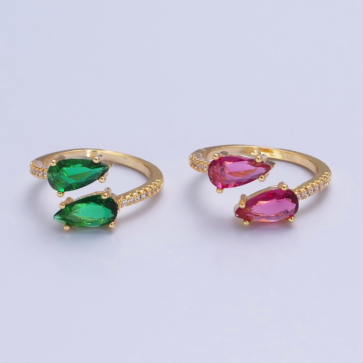 24K Gold Filled Teardrop CZ Ring, Green / Fuchsia Cubic Zirconia Open Ring with Clear Micro Pave Band O-2290 O-2291 - DLUXCA