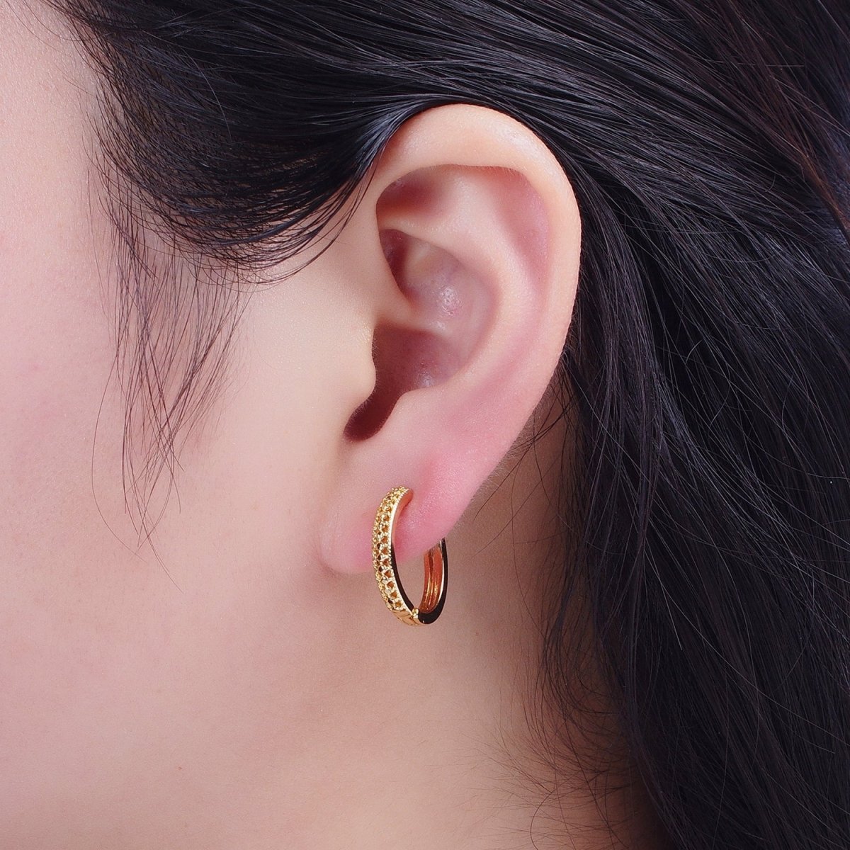 24K Gold Filled Textured Dotted Huggie Hoop Earrings T-399 - DLUXCA