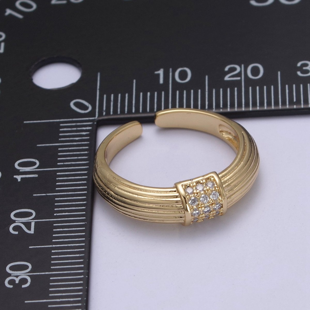 24K Gold Filled Textured Gold Band with Clear Crystal Zirconia, Open Adjustable Ring | U-382 - DLUXCA