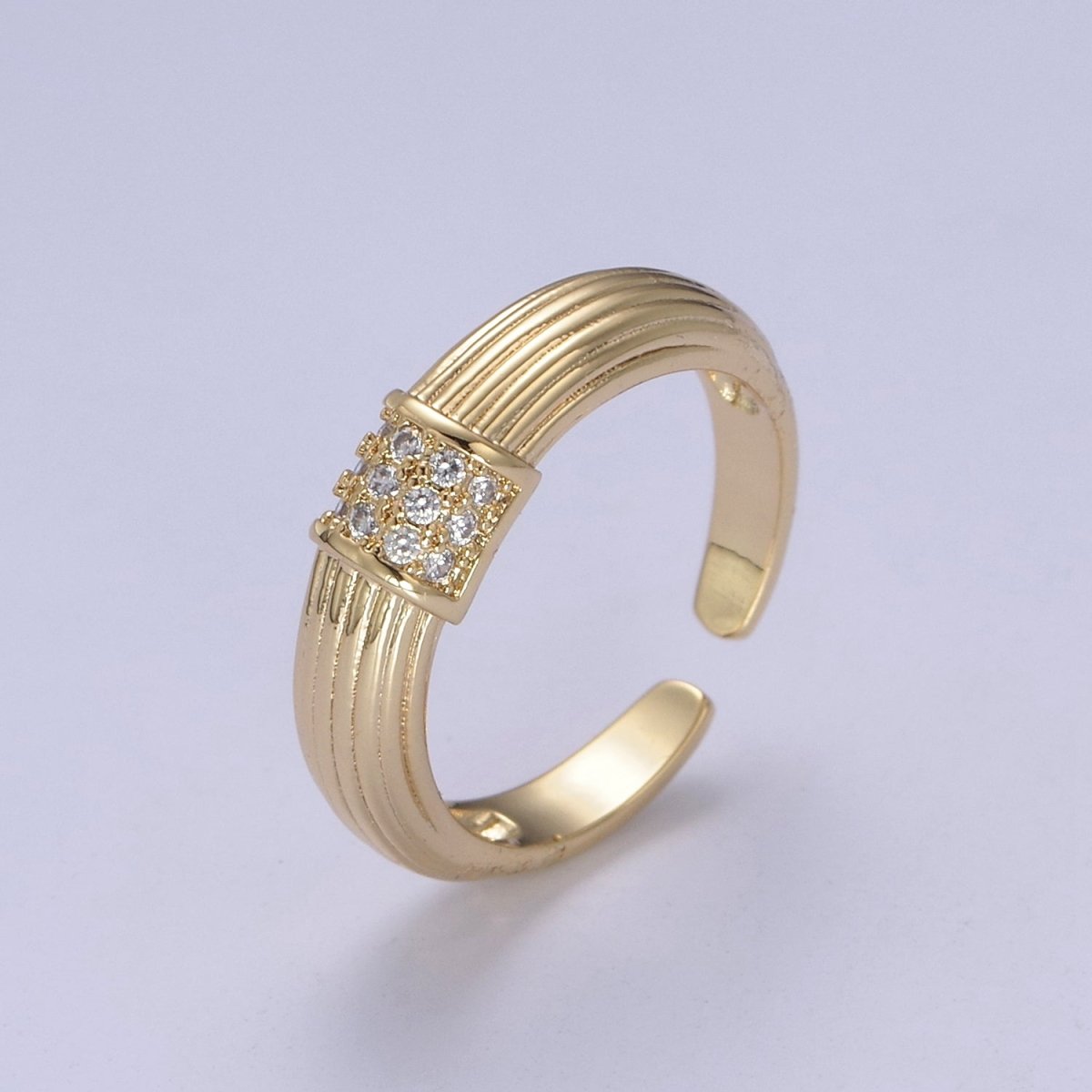 24K Gold Filled Textured Gold Band with Clear Crystal Zirconia, Open Adjustable Ring | U-382 - DLUXCA