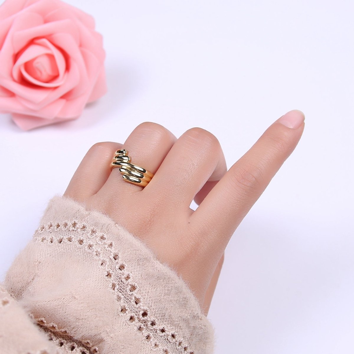 24K Gold Filled Textured Ring, Stackable Open Claw Gold Band Ring, Statement Bridesmaid Ring U-461 - DLUXCA