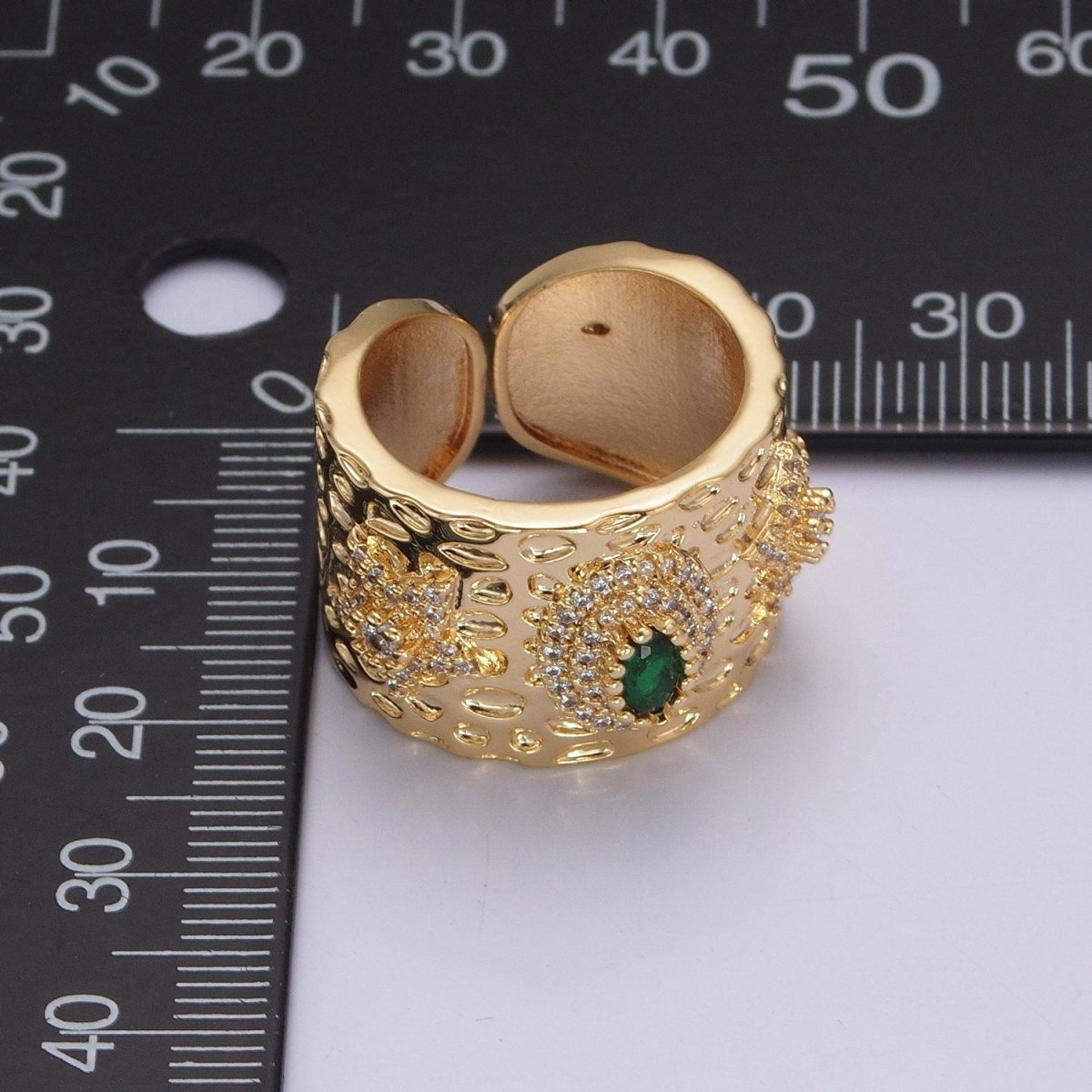 24K Gold Filled Textured Signet Ring with Micro Pave Star & Green Cubic Zirconia O-798 - DLUXCA