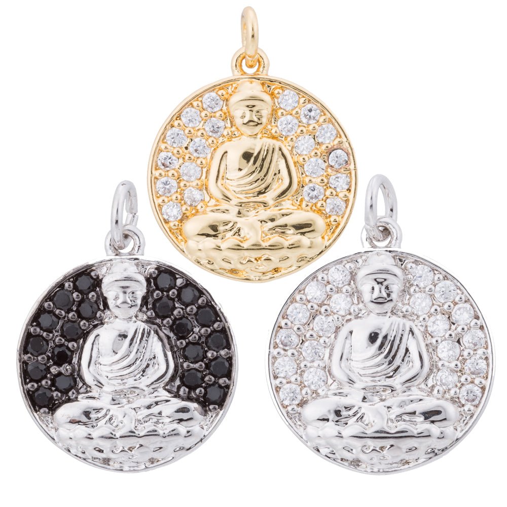 24K Gold Filled Thailand Buddha Clear, Black Micro Paved CZ Round Charm in Gold & Silver C-163 C-164 - DLUXCA