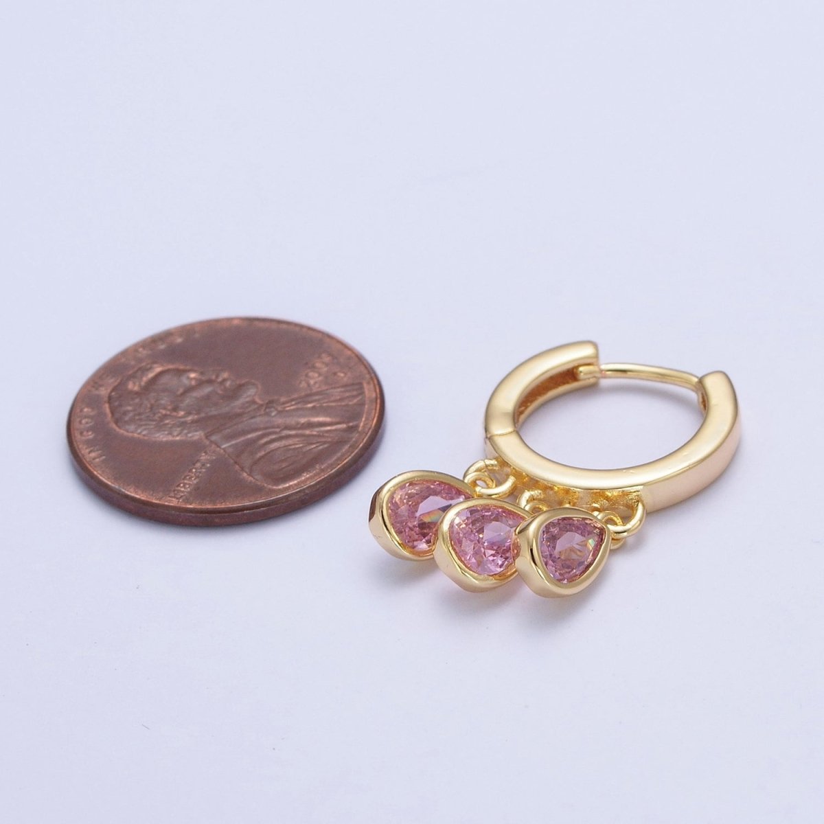24K Gold Filled Three Pink Teardrop Cubic Zirconia Huggie Hoop Earrings T-175 - DLUXCA
