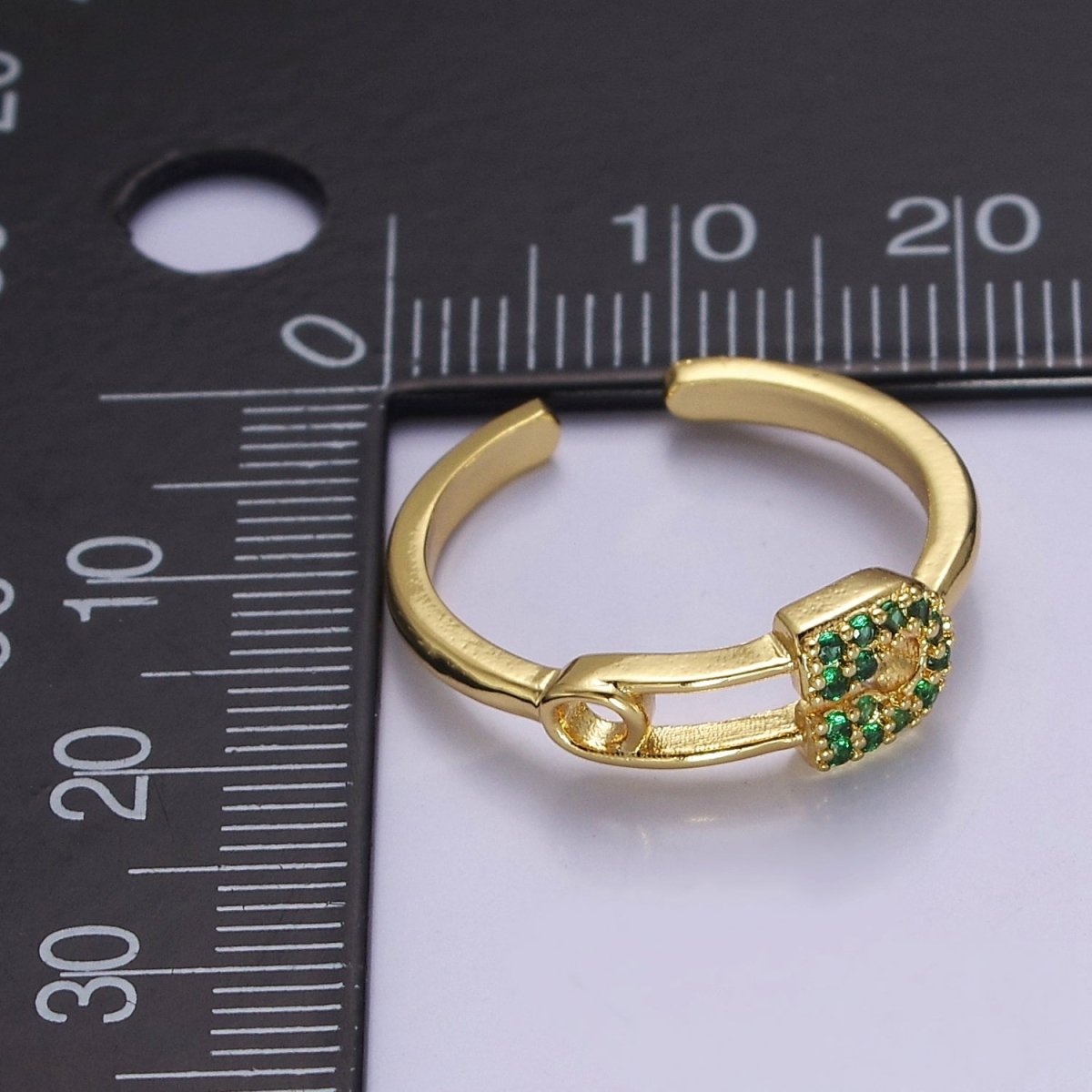 24k Gold Filled Tiny Safety Pin Ring | Emerald Green Micro Pave Dainty Ring O-2179 - DLUXCA