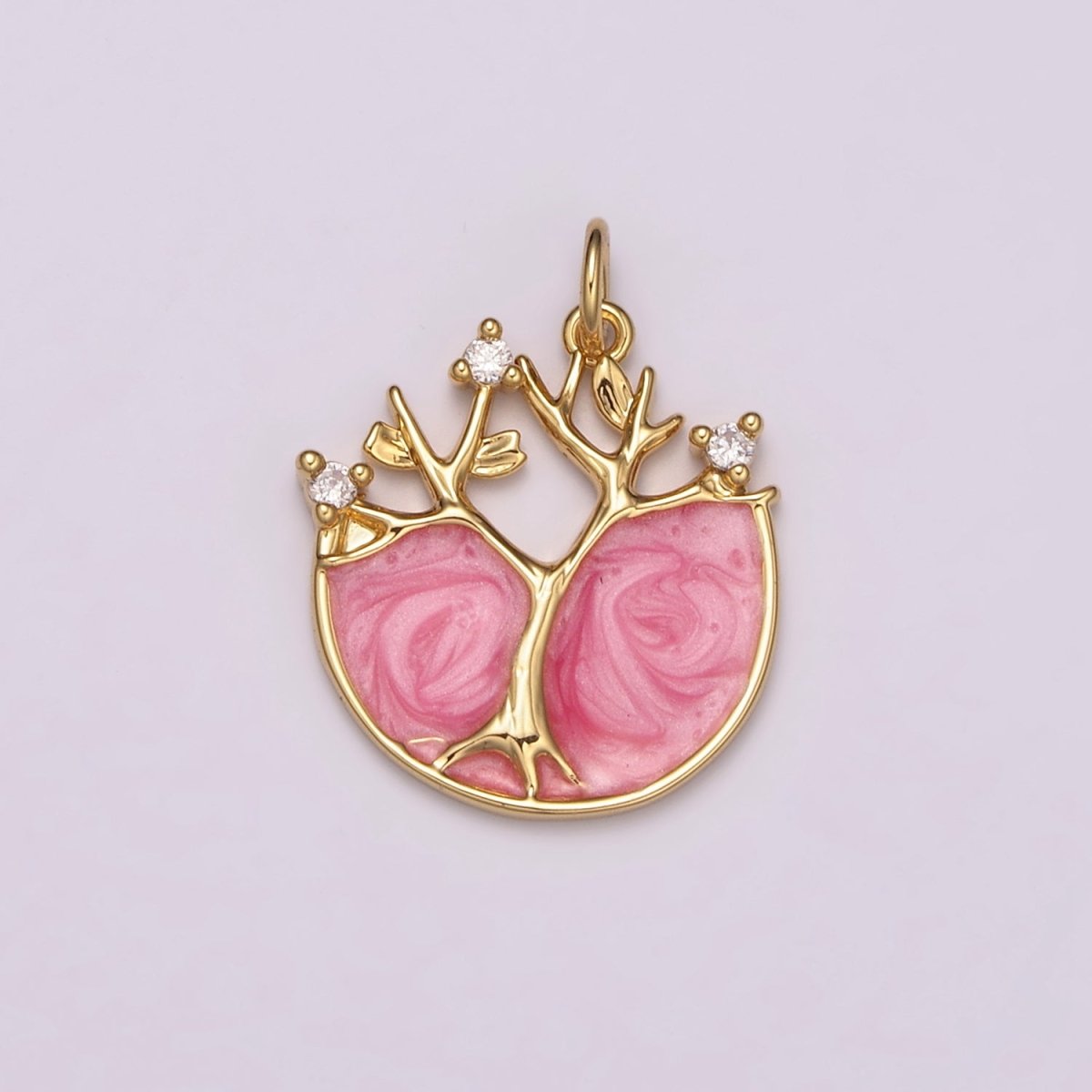 24k Gold Filled Tree Of Life Charm, Pink Enamel Tree Of Life Pendant for Necklace Bracelet Earring N-159 - DLUXCA