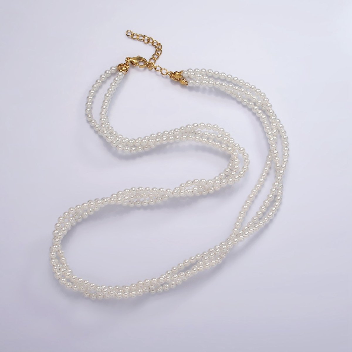 24K Gold Filled Triple 3mm Round Shell Pearl 17 Inch Choker Necklace w. Extender | WA-2330 Clearance Pricing - DLUXCA