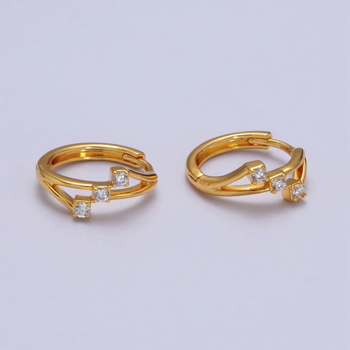 24K Gold Filled Triple Clear Round CZ Geometric Lined Huggie Earrings | AB119 - DLUXCA