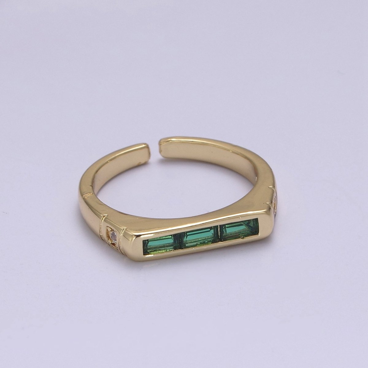 24K Gold Filled Triple Green, Clear Baguette CZ Cubic Crystal Zirconia Flat Bar Signet Adjustable Ring S-360 S-361 - DLUXCA