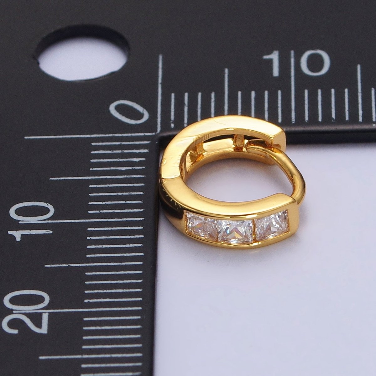 24K Gold Filled Triple Square Clear CZ 11mm Huggie Earrings | AB146 - DLUXCA