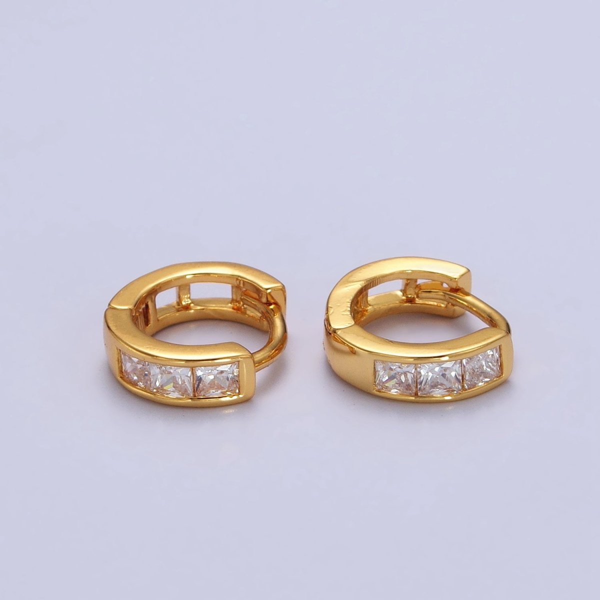 24K Gold Filled Triple Square Clear CZ 11mm Huggie Earrings | AB146 - DLUXCA