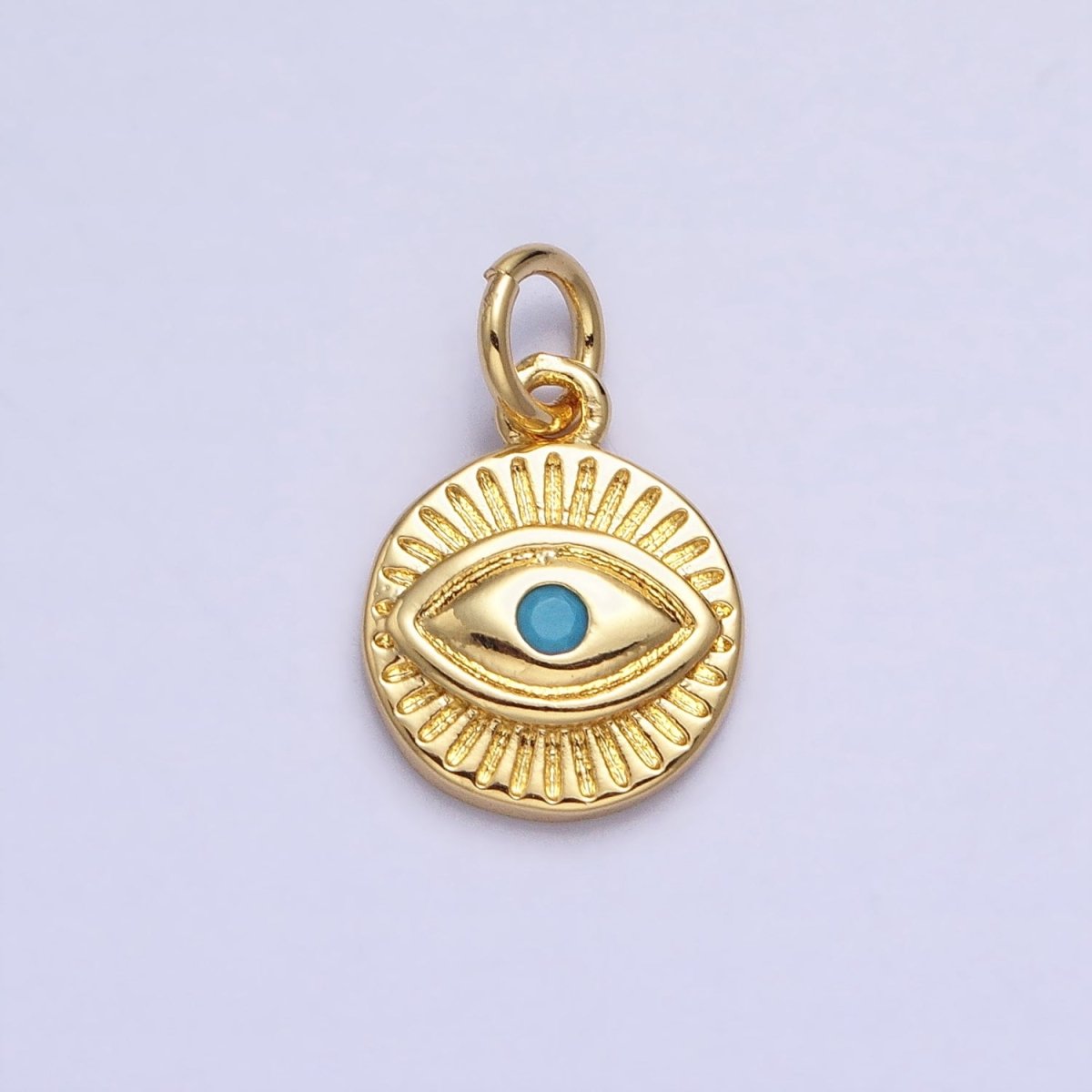 24K Gold Filled Turquoise Evil Eye Sun Bam Lined Round Charm | AC450 - DLUXCA