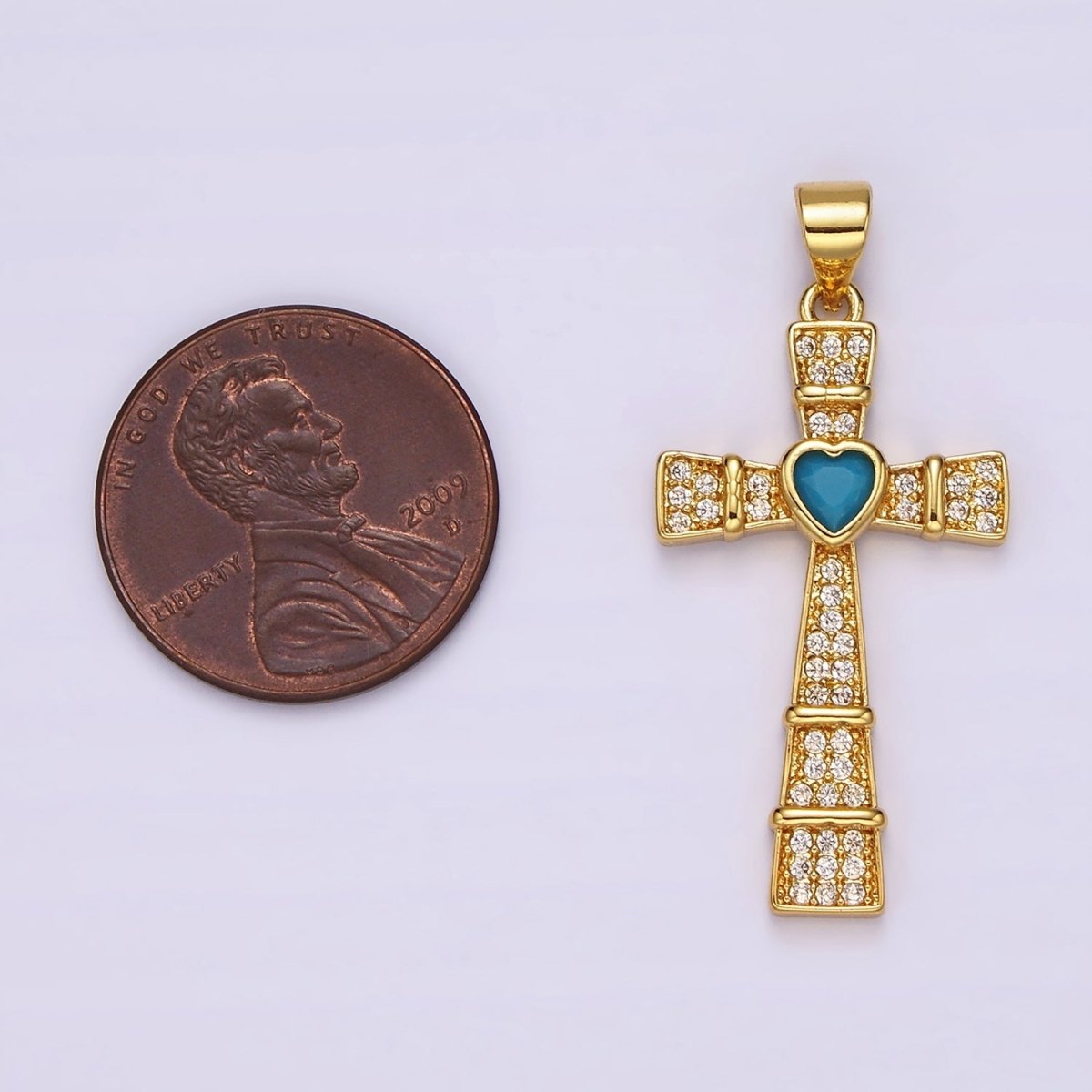 24K Gold Filled Turquoise Heart Micro Paved Lined Latin Cross Pendant | AH-081 - DLUXCA