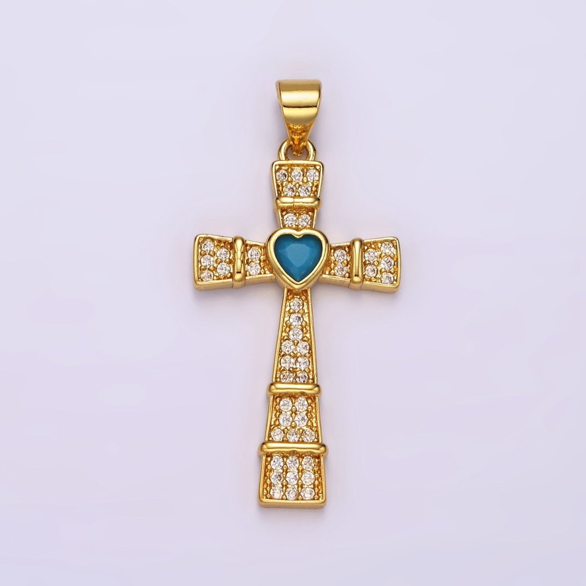 24K Gold Filled Turquoise Heart Micro Paved Lined Latin Cross Pendant | AH-081 - DLUXCA