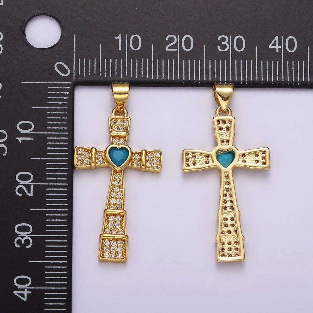 24K Gold Filled Turquoise Heart Micro Paved Lined Latin Cross Pendant | AH-081 - DLUXCA