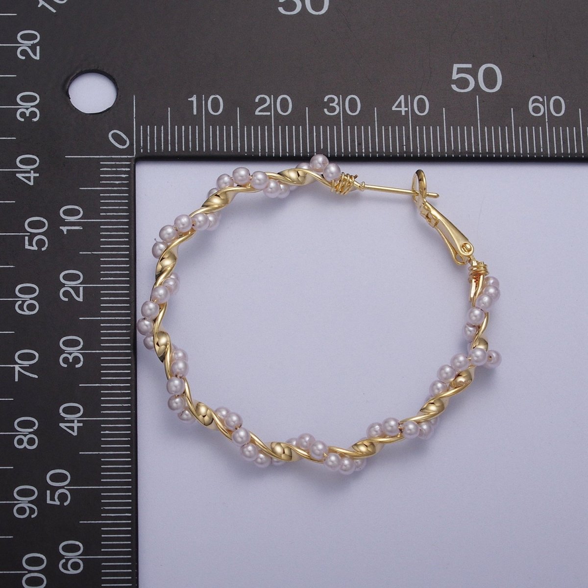 24K Gold Filled Twisted Pearls 50mm Hoops Earrings | Y-231 - DLUXCA