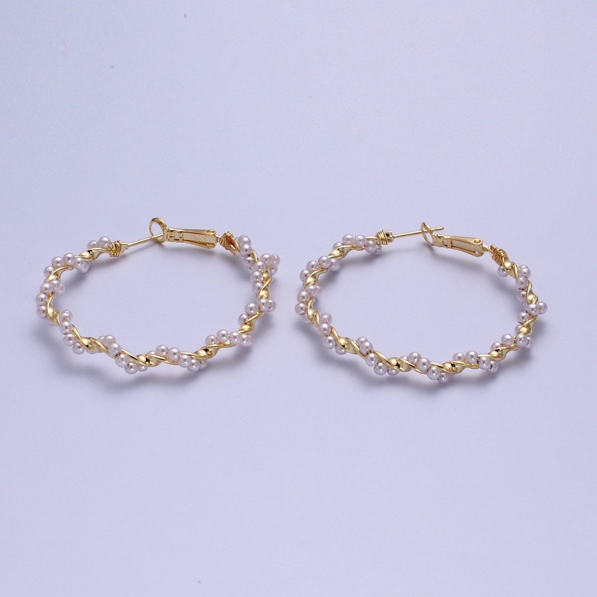 24K Gold Filled Twisted Pearls 50mm Hoops Earrings | Y-231 - DLUXCA
