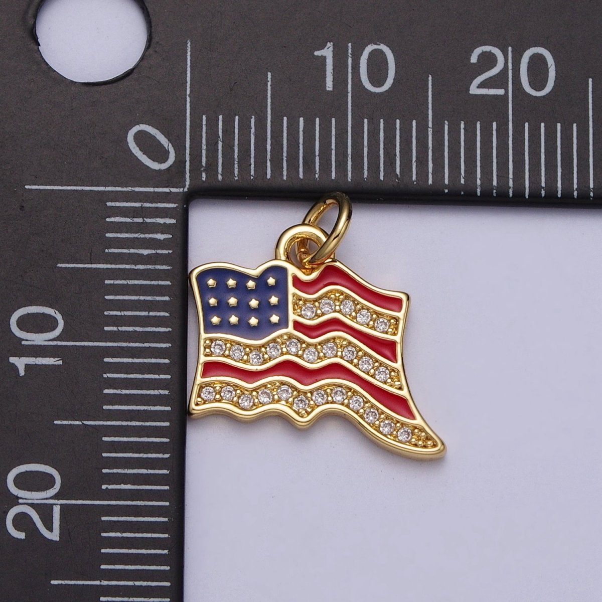 24K Gold Filled USA Independence American Flag Micro Paved CZ Enamel Charm E-443 - DLUXCA