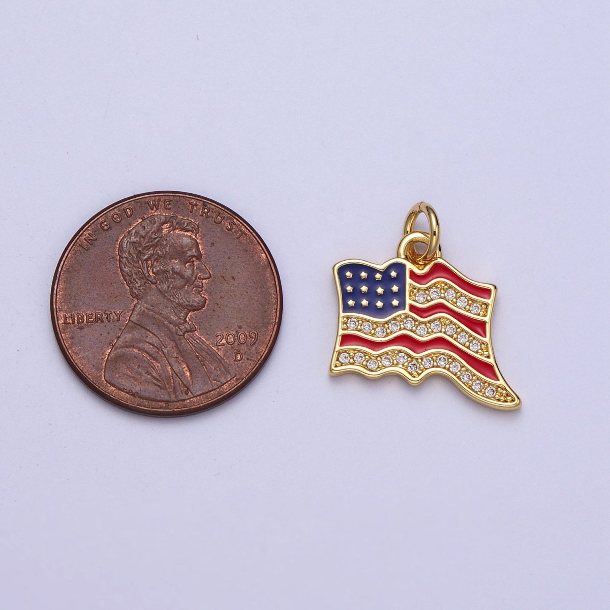 24K Gold Filled USA Independence American Flag Micro Paved CZ Enamel Charm E-443 - DLUXCA