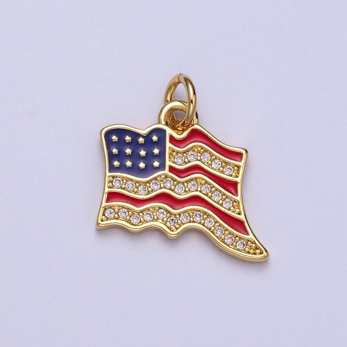 24K Gold Filled USA Independence American Flag Micro Paved CZ Enamel Charm E-443 - DLUXCA