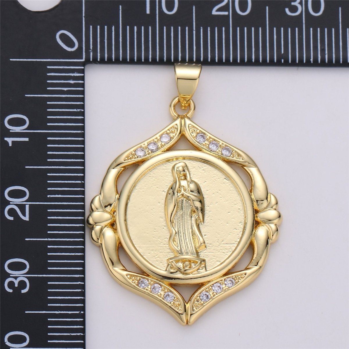 24k Gold Filled Virgin Mary Medallion Scalloped Edge 26mm - Religious Jewelry, Catholic Pendant, Saint Charm, 24K gf Lady Guadalupe Charm I-574 - DLUXCA