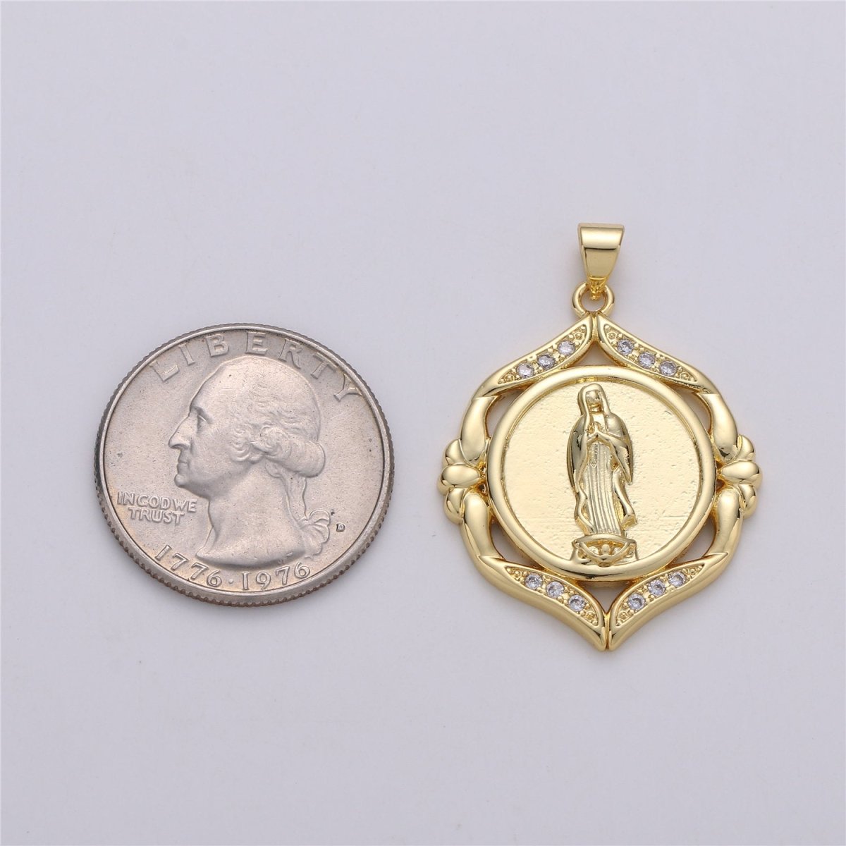24k Gold Filled Virgin Mary Medallion Scalloped Edge 26mm - Religious Jewelry, Catholic Pendant, Saint Charm, 24K gf Lady Guadalupe Charm I-574 - DLUXCA
