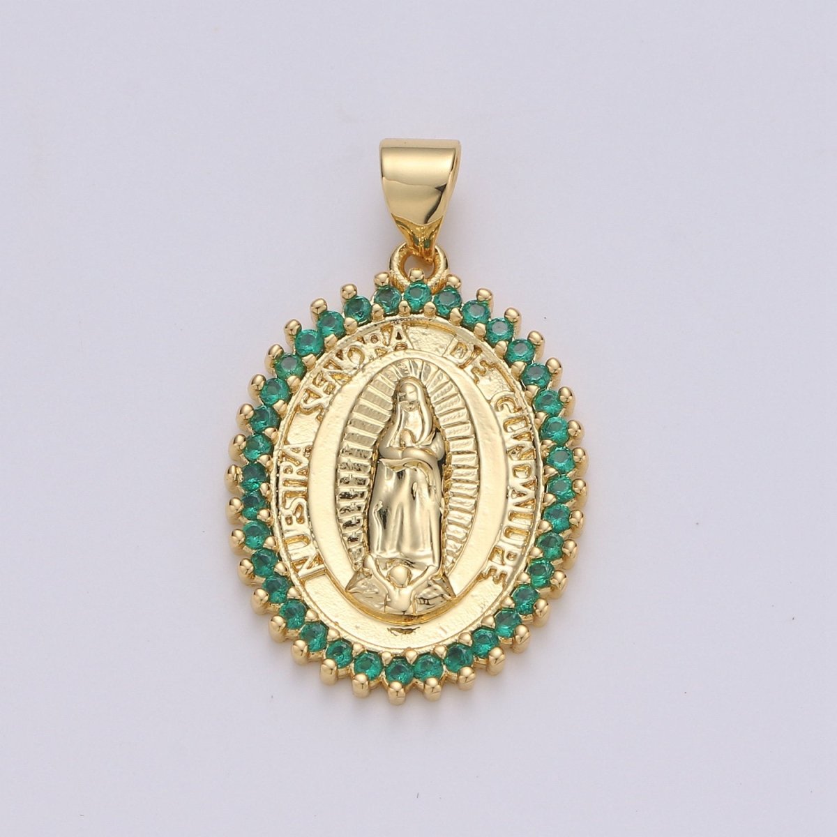 24k Gold Filled Virgin Mary Pendant Necklace Green Blue Teal Micro Pave Virgen de Guadalupe Medallion Pendant for Necklace Religious Jewelry I-841~I-843 I-845 - DLUXCA